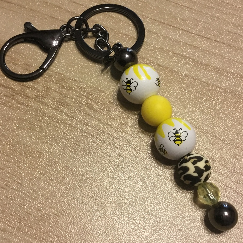 Bee-Themed Keychain with Yellow and Black Beads